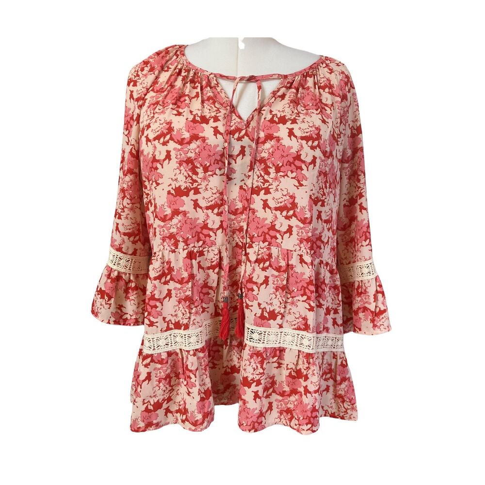 DR2 by Daniel Rainn Women's Petite Multi Floral Tassel Crochet HiLo Blouse SZ LP